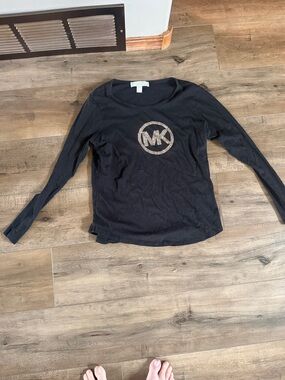 Michael Kors Black Long Sleeve Tee with Gold MK Emblem